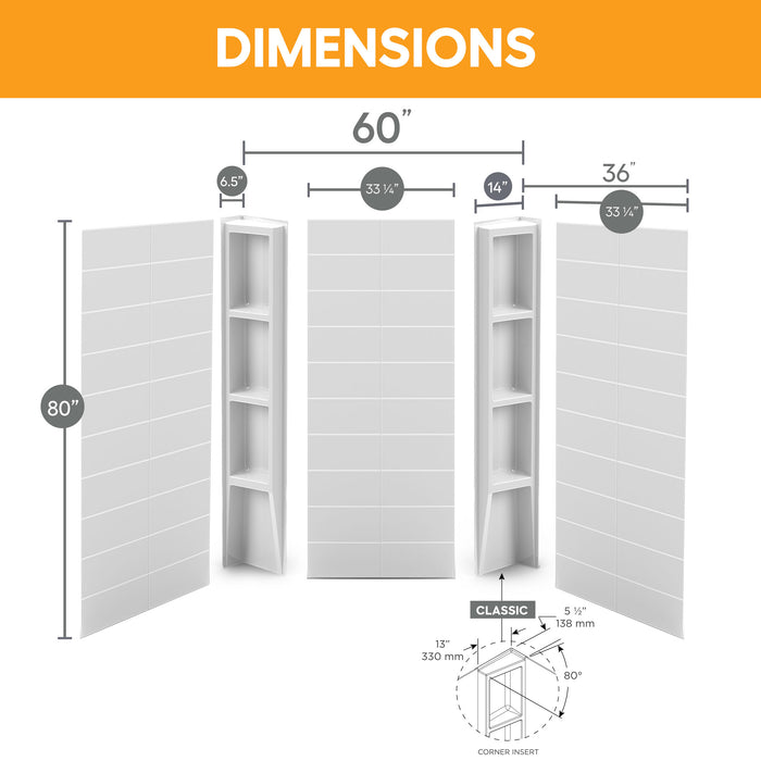 80 in. high acrylic tub or shower surround with shelves (5-piece) - Stacked Tiles & Spacious Classic Shelves