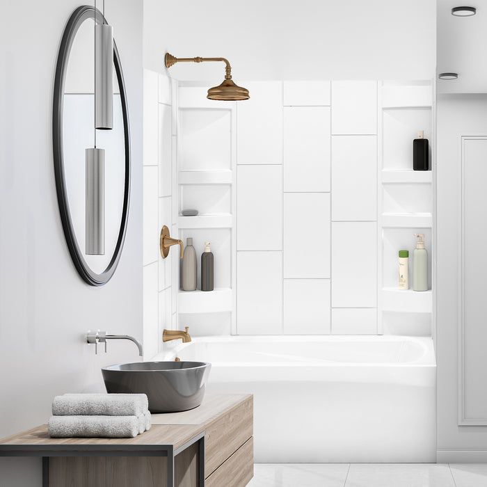 58 in. high acrylic tub surround with shelves (5-piece) – Vertical Tiles & Dynamic Shelves