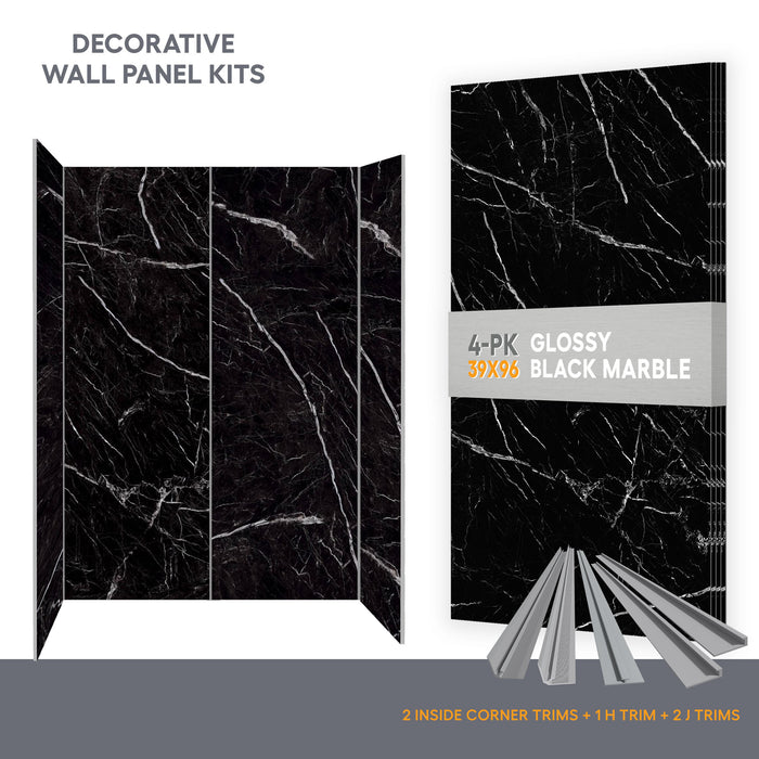 Wall panel kit for 60x32 alcove shower - Black Marble (glossy finish)