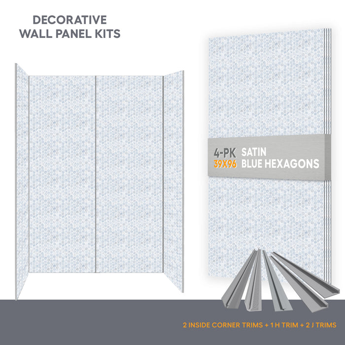 Wall panel kit for 60x32 alcove shower - Blue Hexagon (satin finish)