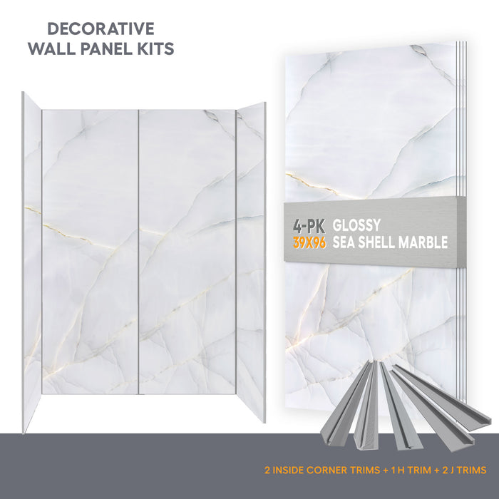Wall panel kit for 60x32 alcove shower - Sea shell Marble (glossy finish)