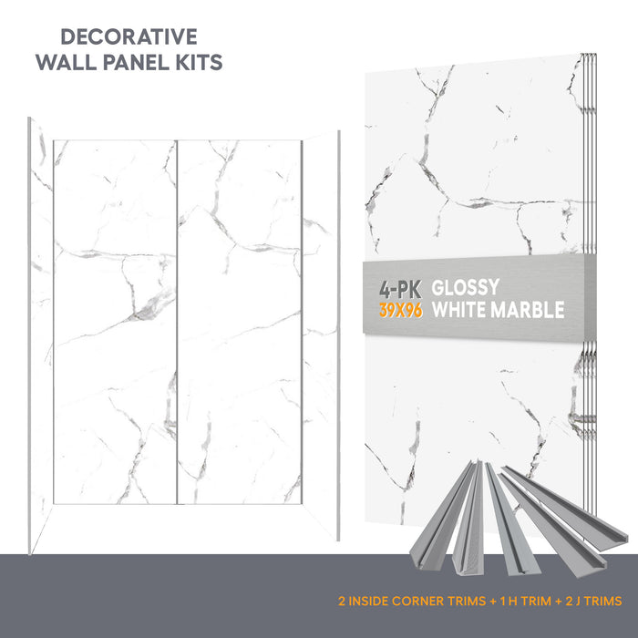 Wall panel kit for 60x32 alcove shower - White Marble (glossy finish)
