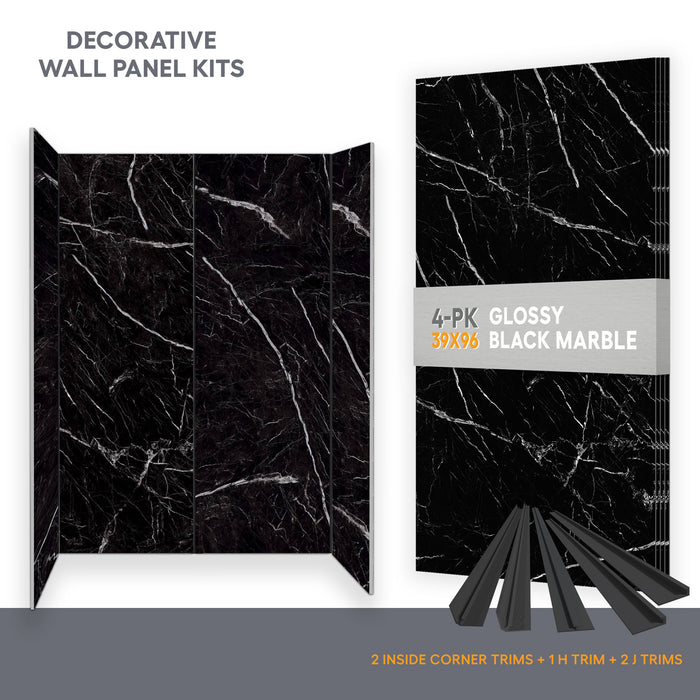 Wall panel kit for 60x32 alcove shower - Black Marble (glossy finish)