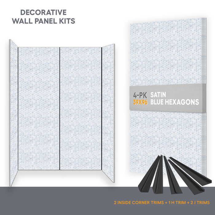 Wall panel kit for 60x32 alcove shower - Blue Hexagon (satin finish)