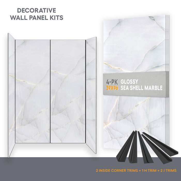 Wall panel kit for 60x32 alcove shower - Sea shell Marble (glossy finish)