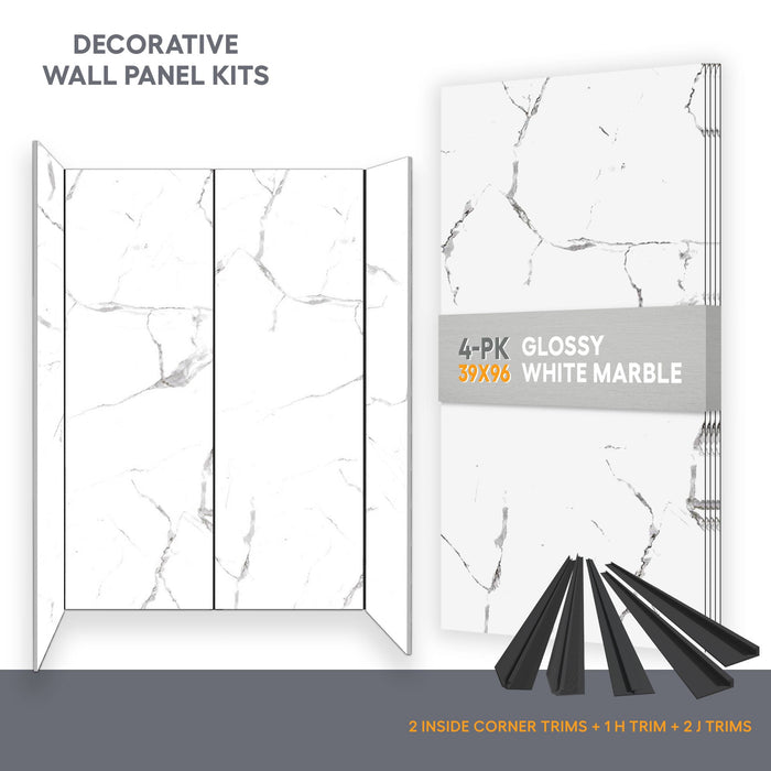 Wall panel kit for 60x32 alcove shower - White Marble (glossy finish)
