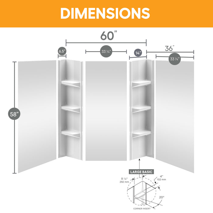 58 in. high polystyrene tub surround with shelves (5-piece) - Plain Wall & Large Basic Shelves