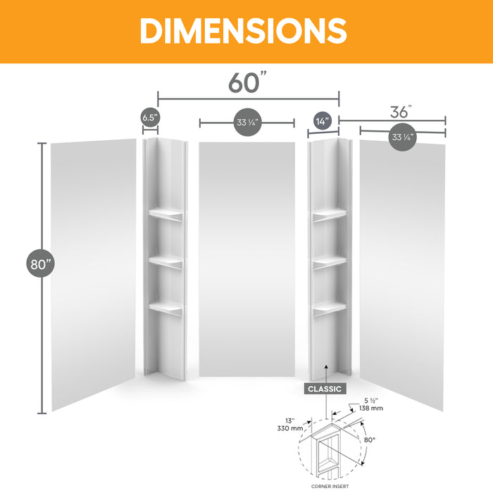 80 in. high polystyrene tub or shower surround with shelves (5-piece) - Plain Wall & Large Basic Shelves