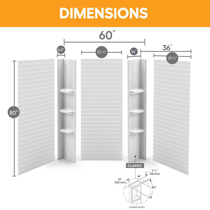 80 in. high polystyrene tub or shower surround with shelves (5-piece) - Subway Tiles & Large Basic Shelves