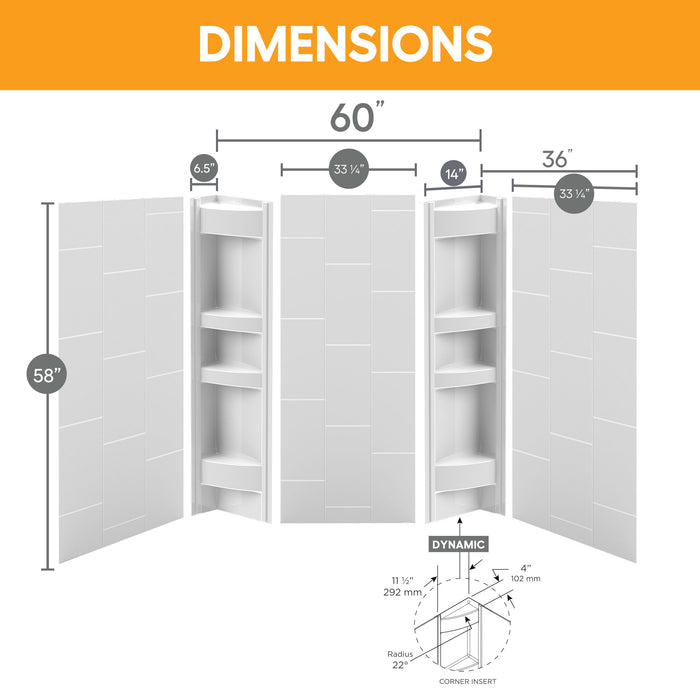 58 in. high acrylic tub surround with shelves (5-piece) – Vertical Tiles & Dynamic Shelves