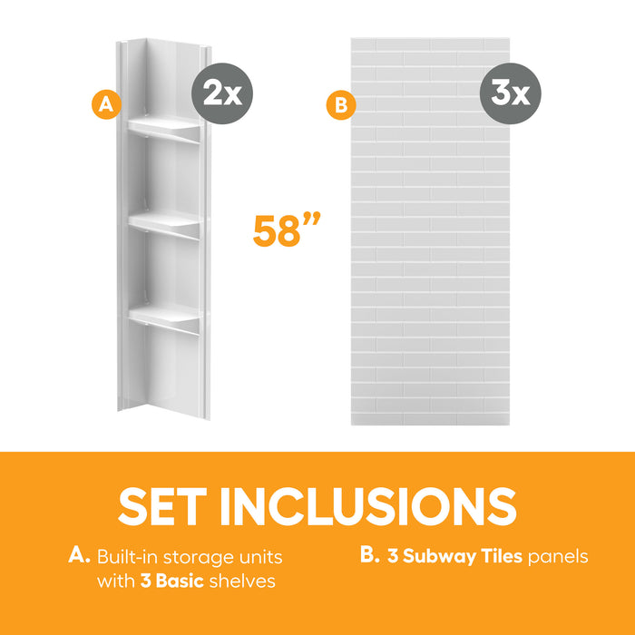 58 in. high polystyrene tub surround with shelves (5-piece) - Subway Tiles & Large Basic Shelves