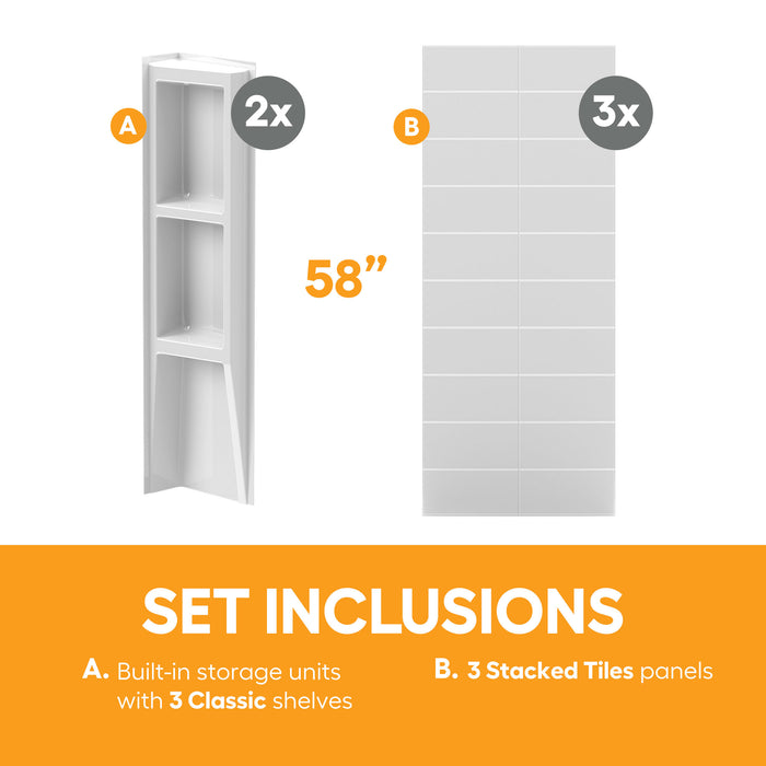 58 in. high acrylic tub surround with shelves (5-piece) – Stacked Tiles & Spacious Classic Shelves