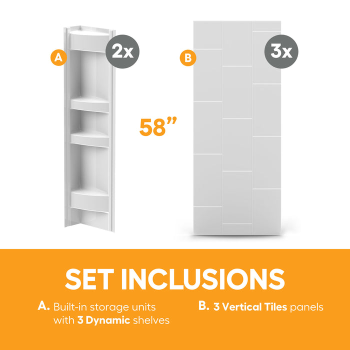 58 in. high acrylic tub surround with shelves (5-piece) – Vertical Tiles & Dynamic Shelves