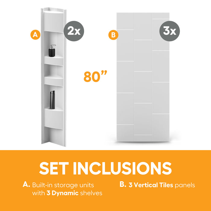 80 in. high acrylic tub or shower surround with shelves (5-piece) - Vertical Tiles & Dynamic Shelves